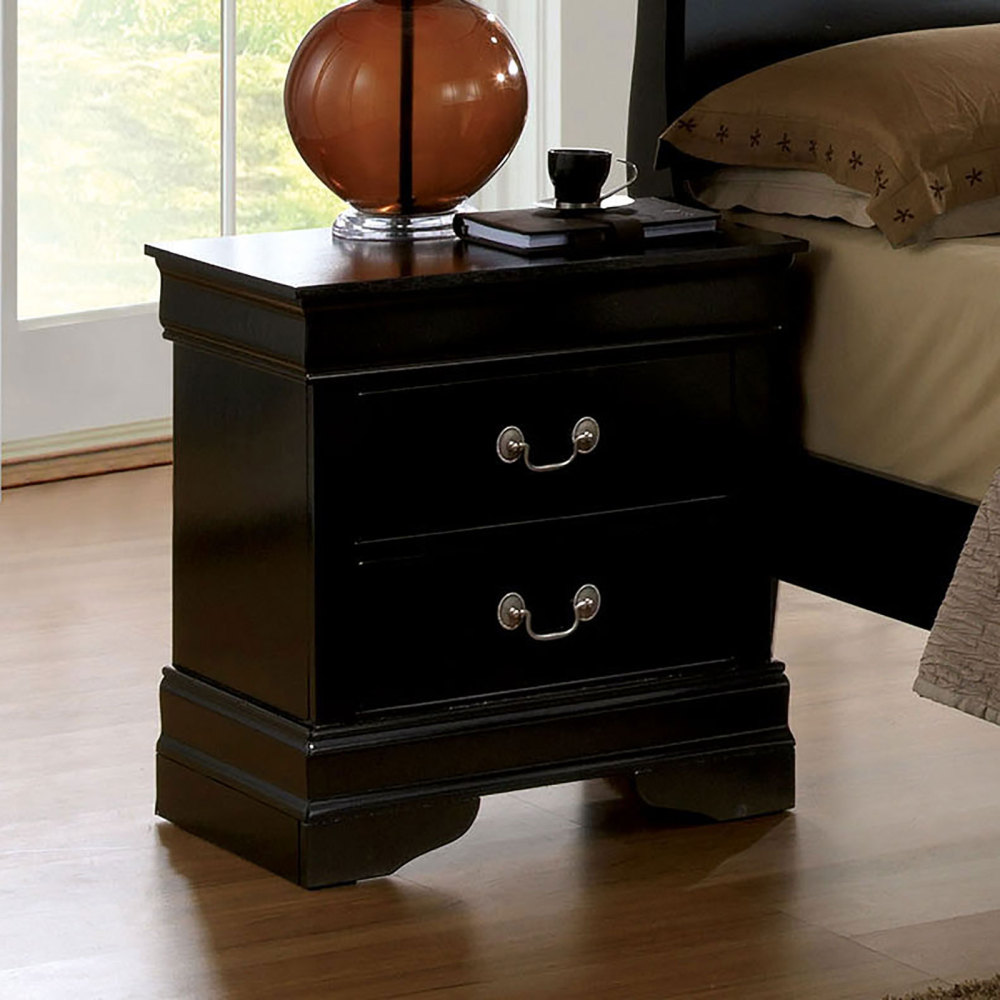 Anmytek 1pc Black Louis Philippe Nightstand Solid Wood English Dovetail Construction Antique Nickel Hanging Pulls Classic Bedroom Side End Table