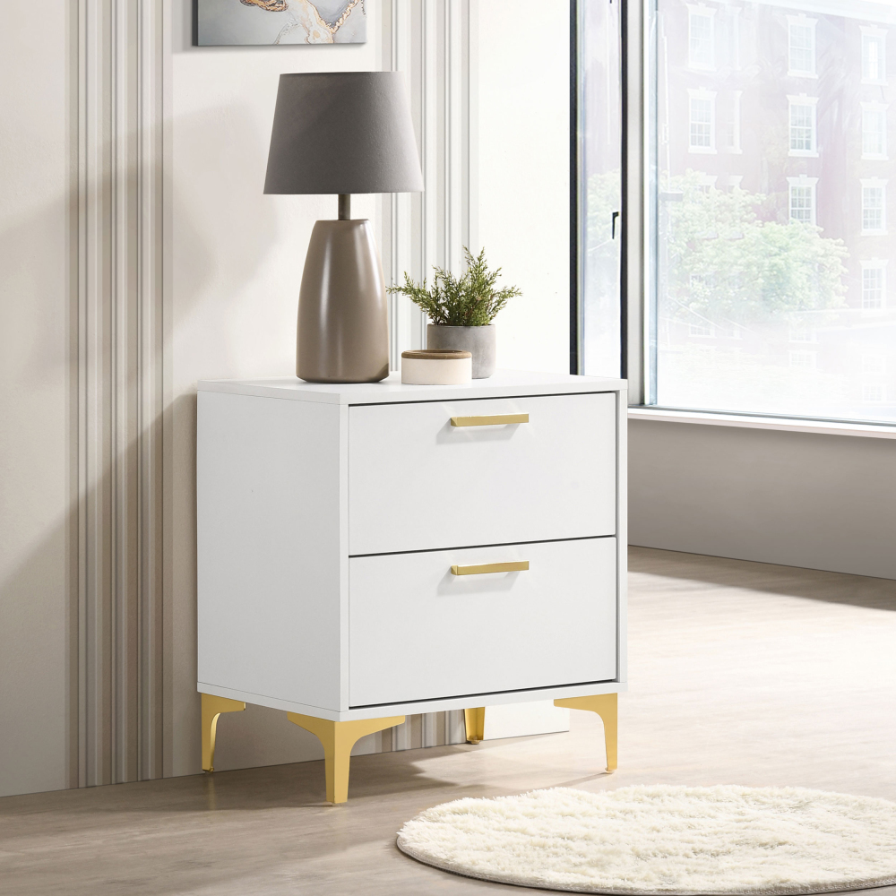 Anmytek White and Gold 2 Drawer Rectangular Nightstand Bedroom Side End Table