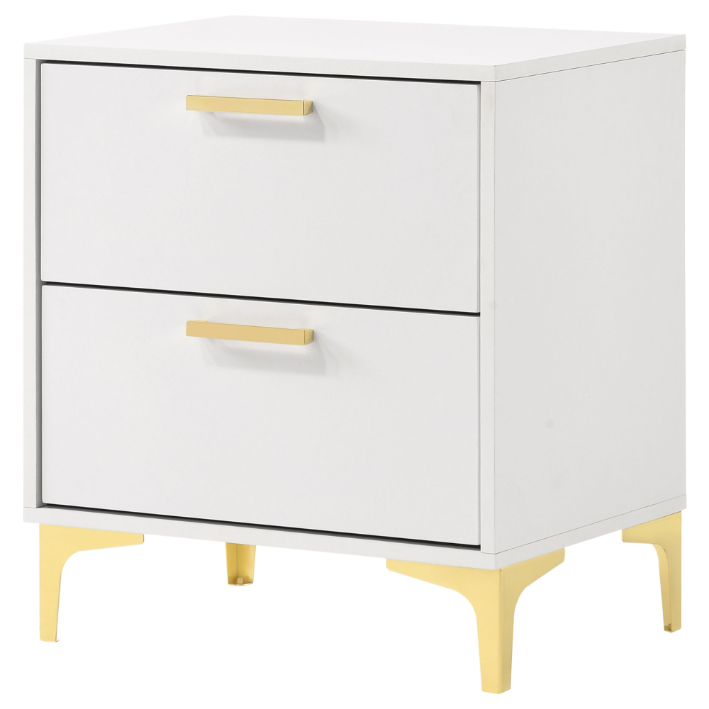 Anmytek White and Gold 2 Drawer Rectangular Nightstand Bedroom Side End Table