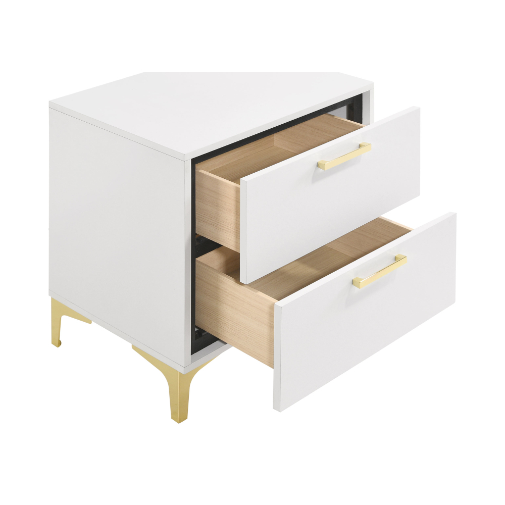 Anmytek White and Gold 2 Drawer Rectangular Nightstand Bedroom Side End Table