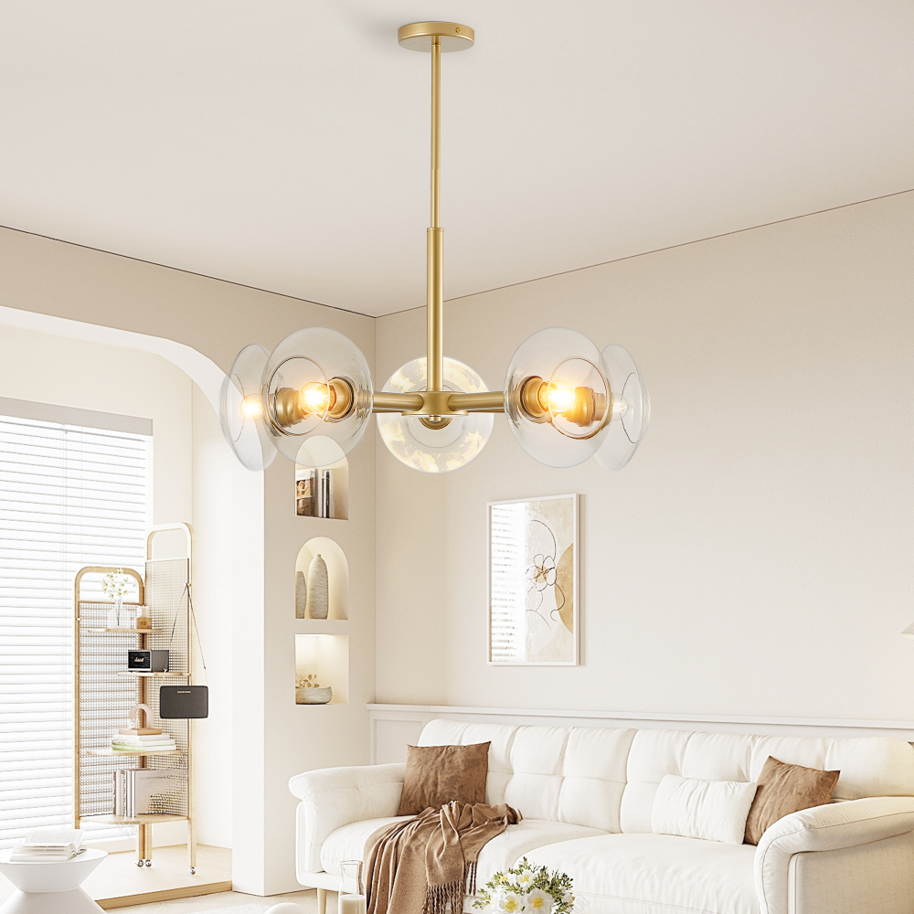 Anmytek 26 Inch Modern Gold 5 Light Sputnik Chandelier Clear Glass Shades Mid Century Hanging Pendant Light Fixture for Dining Room Living Room Kitchen Bulb Not Included