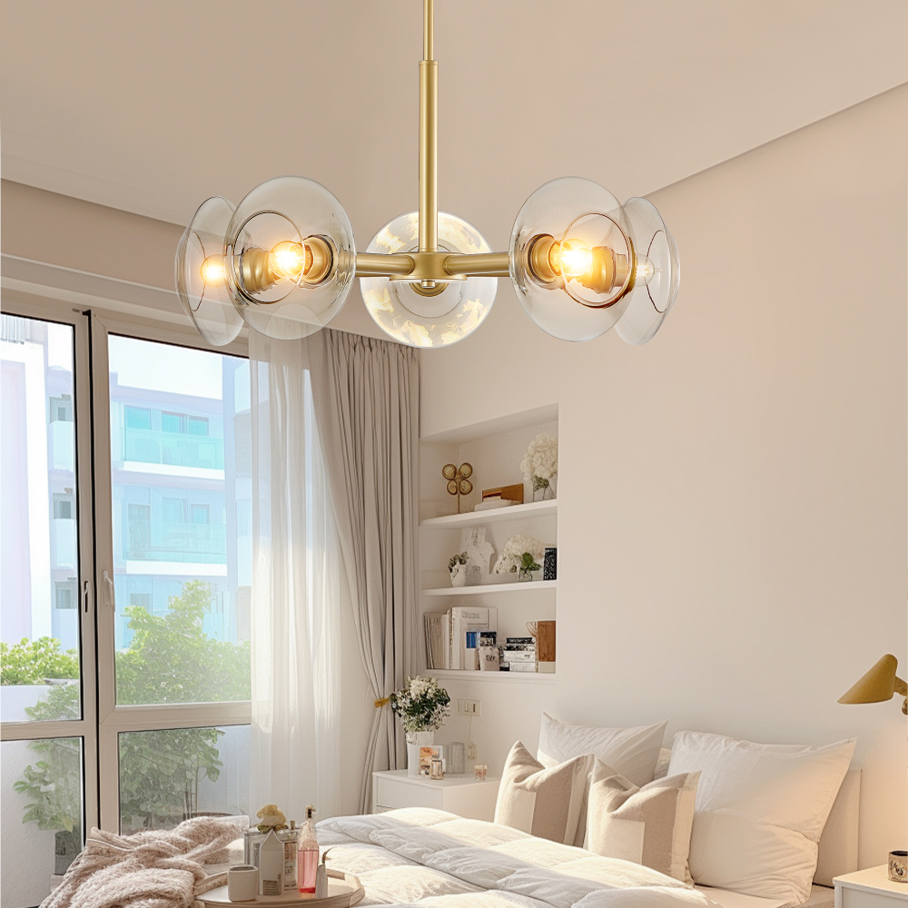 Anmytek 26 Inch Modern Gold 5 Light Sputnik Chandelier Clear Glass Shades Mid Century Hanging Pendant Light Fixture for Dining Room Living Room Kitchen Bulb Not Included