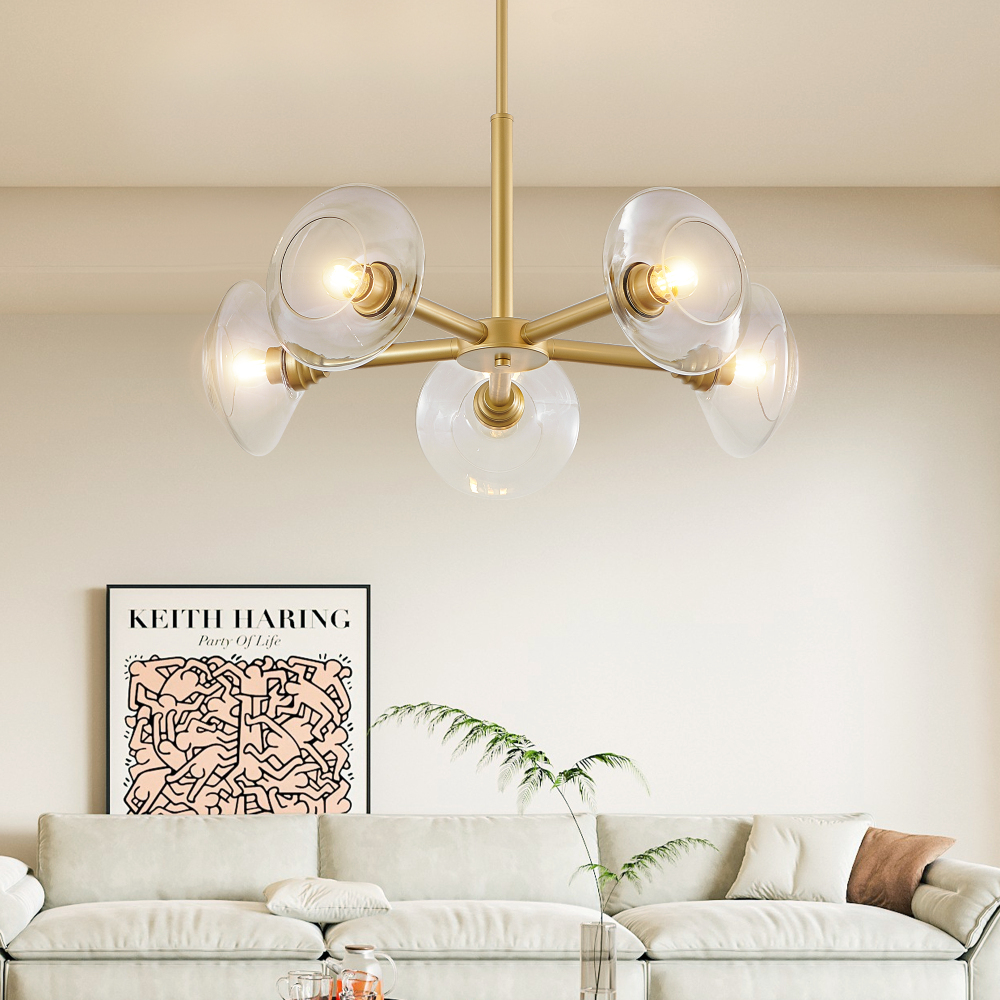 Anmytek 26 Inch Modern Gold 5 Light Sputnik Chandelier Clear Glass Shades Mid Century Hanging Pendant Light Fixture for Dining Room Living Room Kitchen Bulb Not Included