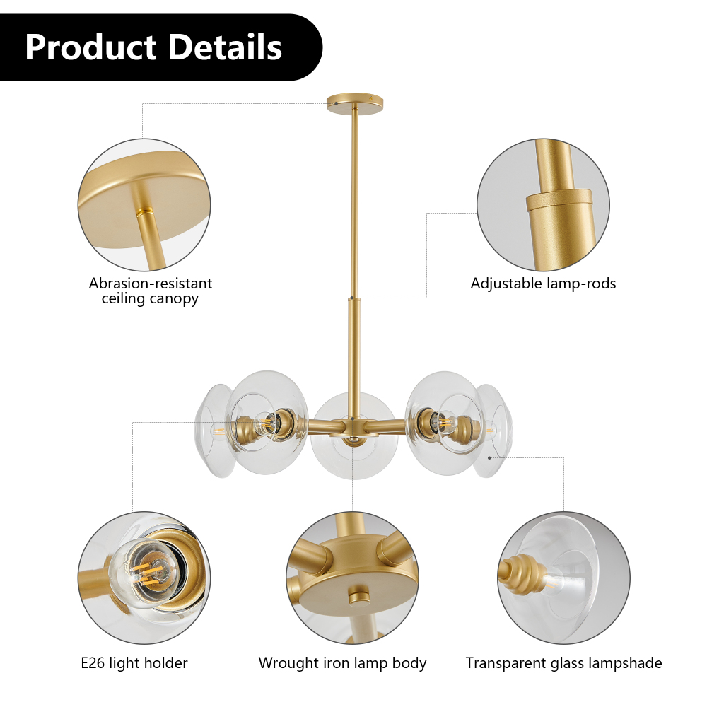Anmytek 26 Inch Modern Gold 5 Light Sputnik Chandelier Clear Glass Shades Mid Century Hanging Pendant Light Fixture for Dining Room Living Room Kitchen Bulb Not Included