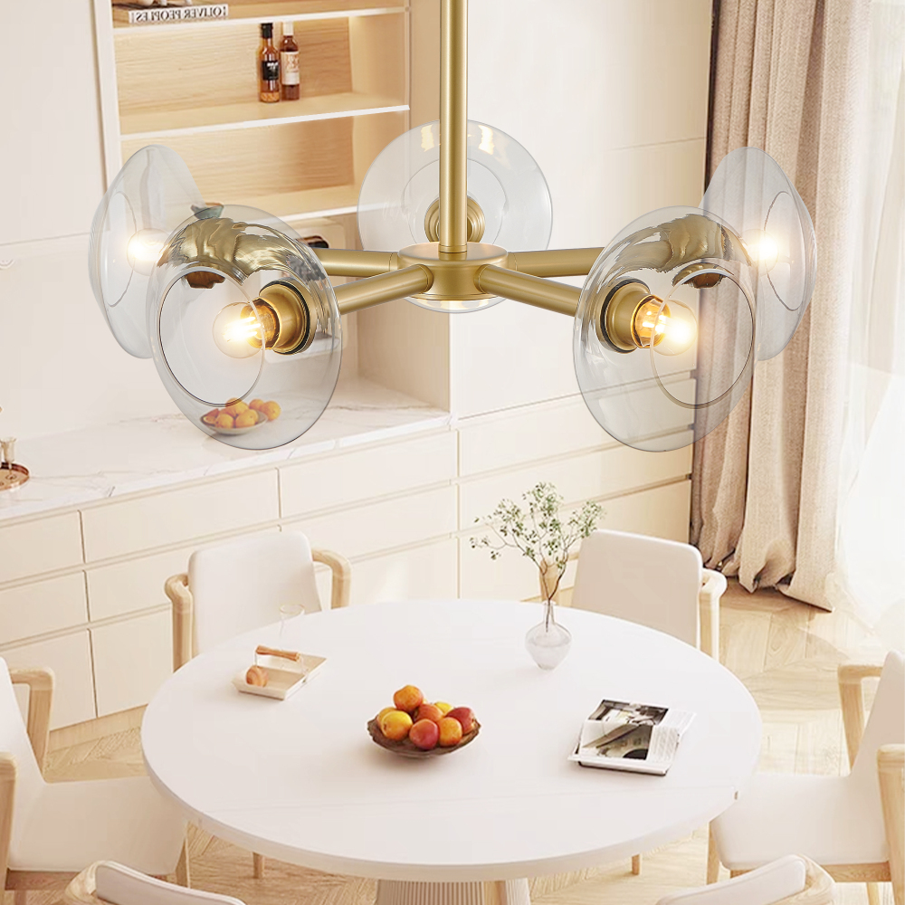 Anmytek 26 Inch Modern Gold 5 Light Sputnik Chandelier Clear Glass Shades Mid Century Hanging Pendant Light Fixture for Dining Room Living Room Kitchen Bulb Not Included