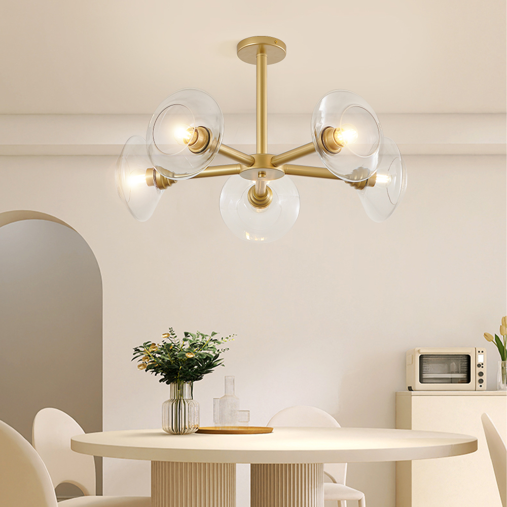 Anmytek 26 Inch Modern Gold 5 Light Sputnik Chandelier Clear Glass Shades Mid Century Hanging Pendant Light Fixture for Dining Room Living Room Kitchen Bulb Not Included