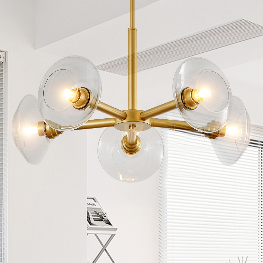 Anmytek 26 Inch Modern Gold 5 Light Sputnik Chandelier Clear Glass Shades Mid Century Hanging Pendant Light Fixture for Dining Room Living Room Kitchen Bulb Not Included