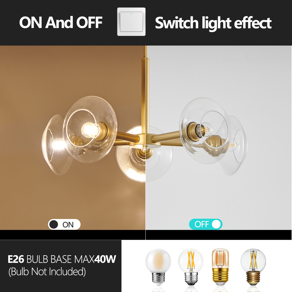 Anmytek 26 Inch Modern Gold 5 Light Sputnik Chandelier Clear Glass Shades Mid Century Hanging Pendant Light Fixture for Dining Room Living Room Kitchen Bulb Not Included