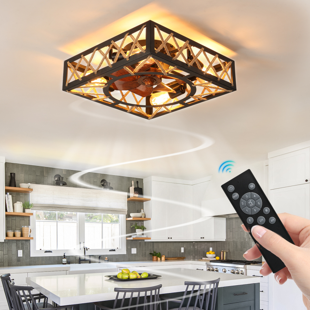 Anmytek Farmhouse Rustic Square Caged Ceiling Fan With Remote Control Noiseless DC Motor 6 Speed Industrial Ceiling Fixture For Kitchen Dining Room Living Room Bedroom