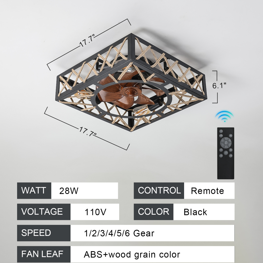 Anmytek Farmhouse Rustic Square Caged Ceiling Fan With Remote Control Noiseless DC Motor 6 Speed Industrial Ceiling Fixture For Kitchen Dining Room Living Room Bedroom