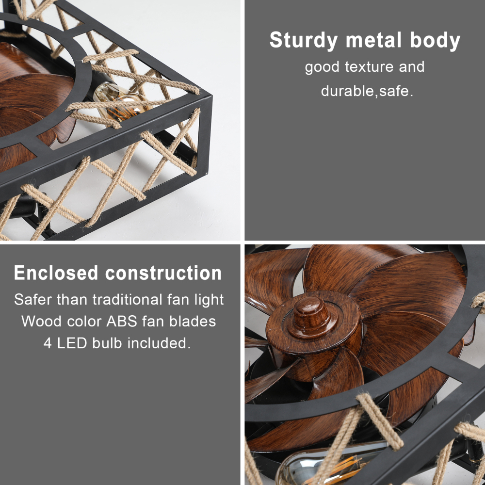 Anmytek Farmhouse Rustic Square Caged Ceiling Fan With Remote Control Noiseless DC Motor 6 Speed Industrial Ceiling Fixture For Kitchen Dining Room Living Room Bedroom