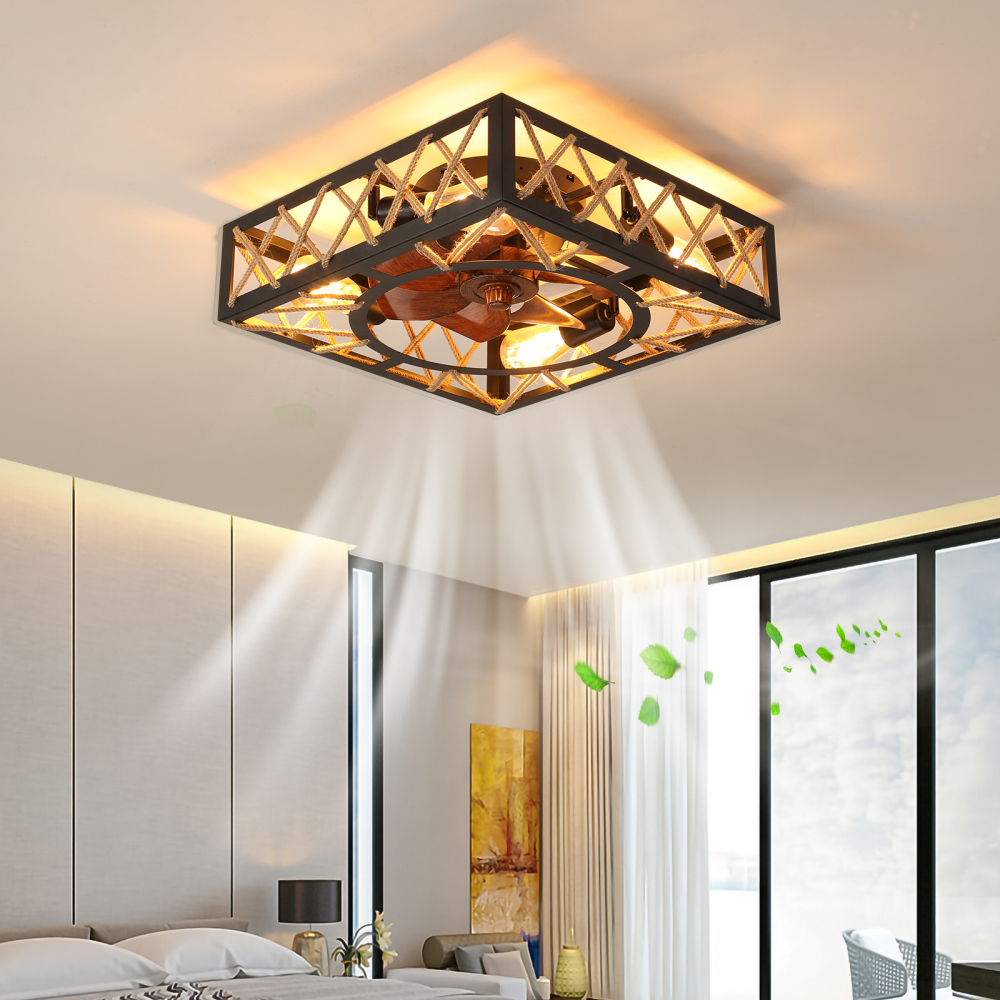 Anmytek Farmhouse Rustic Square Caged Ceiling Fan With Remote Control Noiseless DC Motor 6 Speed Industrial Ceiling Fixture For Kitchen Dining Room Living Room Bedroom