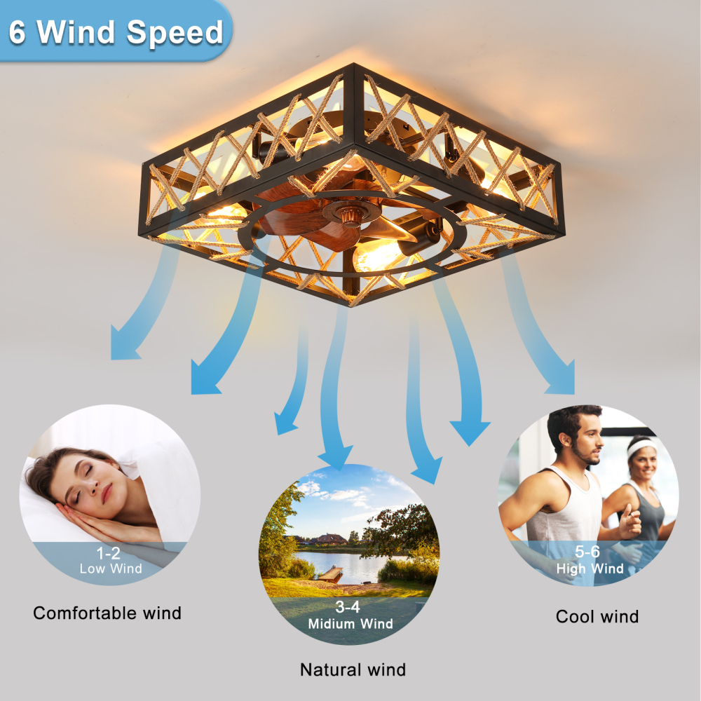 Anmytek Farmhouse Rustic Square Caged Ceiling Fan With Remote Control Noiseless DC Motor 6 Speed Industrial Ceiling Fixture For Kitchen Dining Room Living Room Bedroom