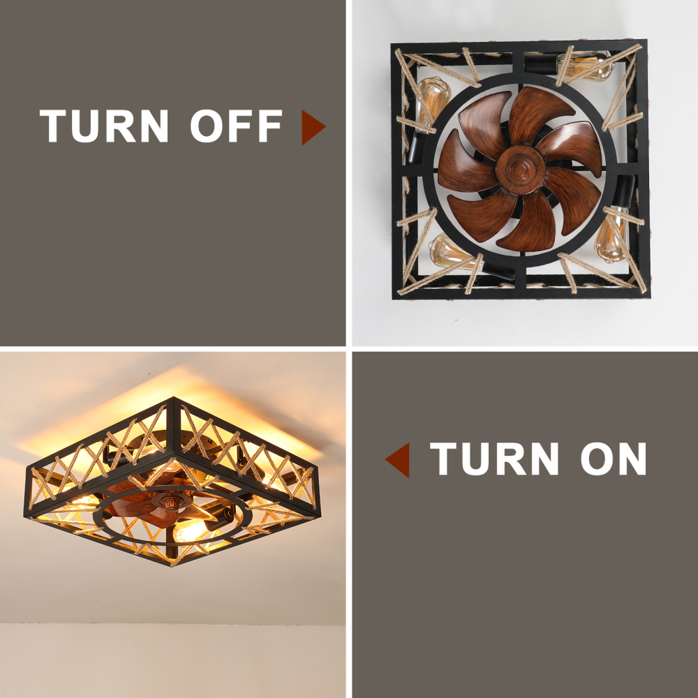 Anmytek Farmhouse Rustic Square Caged Ceiling Fan With Remote Control Noiseless DC Motor 6 Speed Industrial Ceiling Fixture For Kitchen Dining Room Living Room Bedroom