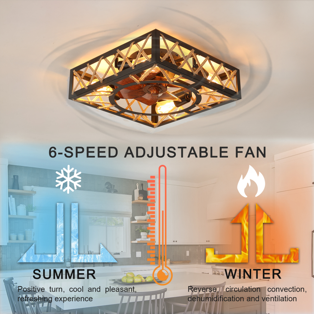 Anmytek Farmhouse Rustic Square Caged Ceiling Fan With Remote Control Noiseless DC Motor 6 Speed Industrial Ceiling Fixture For Kitchen Dining Room Living Room Bedroom