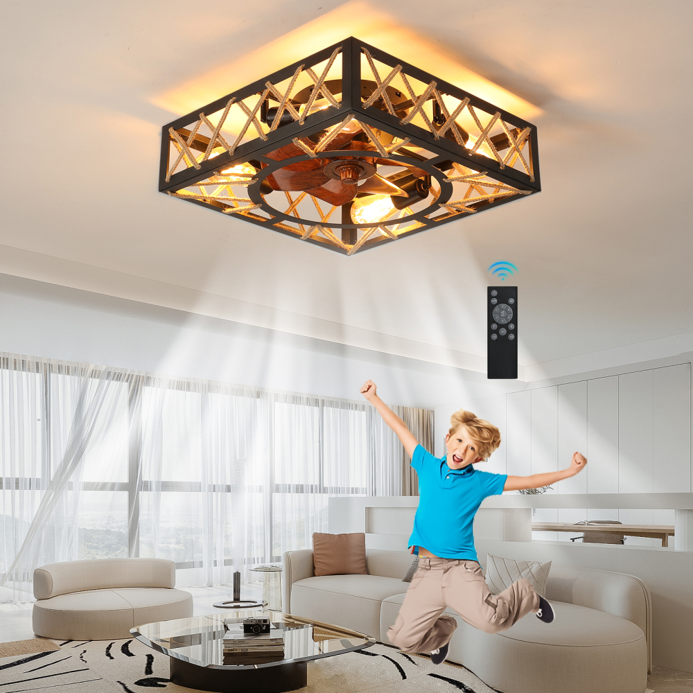 Anmytek Farmhouse Rustic Square Caged Ceiling Fan With Remote Control Noiseless DC Motor 6 Speed Industrial Ceiling Fixture For Kitchen Dining Room Living Room Bedroom
