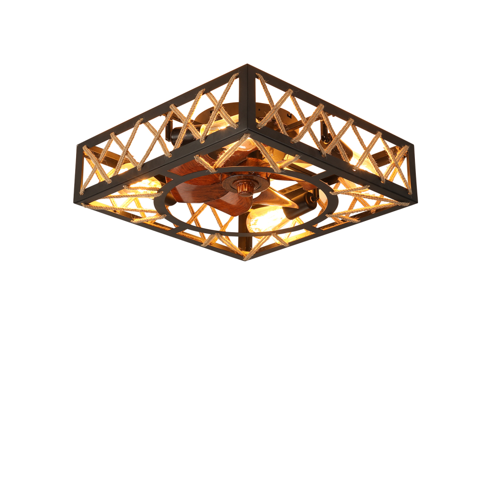 Anmytek Farmhouse Rustic Square Caged Ceiling Fan With Remote Control Noiseless DC Motor 6 Speed Industrial Ceiling Fixture For Kitchen Dining Room Living Room Bedroom