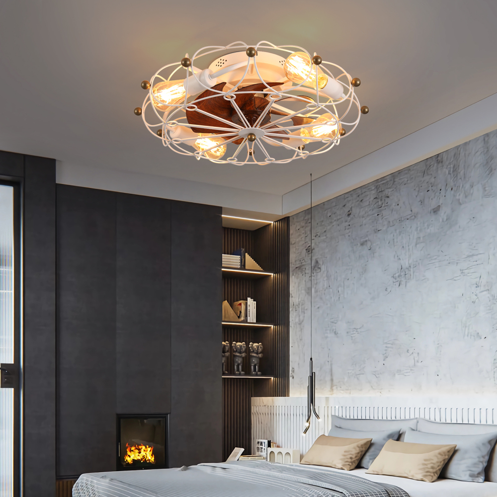 Anmytek Low Profile Caged Ceiling Fan with Lights and Remote Control Modern Industrial Flush Mount Ceiling Fan