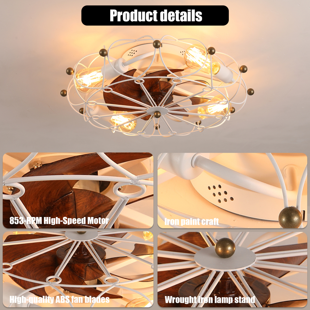 Anmytek Low Profile Caged Ceiling Fan with Lights and Remote Control Modern Industrial Flush Mount Ceiling Fan