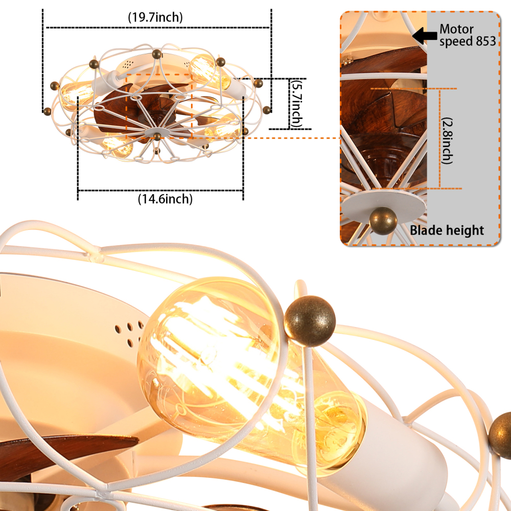 Anmytek Low Profile Caged Ceiling Fan with Lights and Remote Control Modern Industrial Flush Mount Ceiling Fan