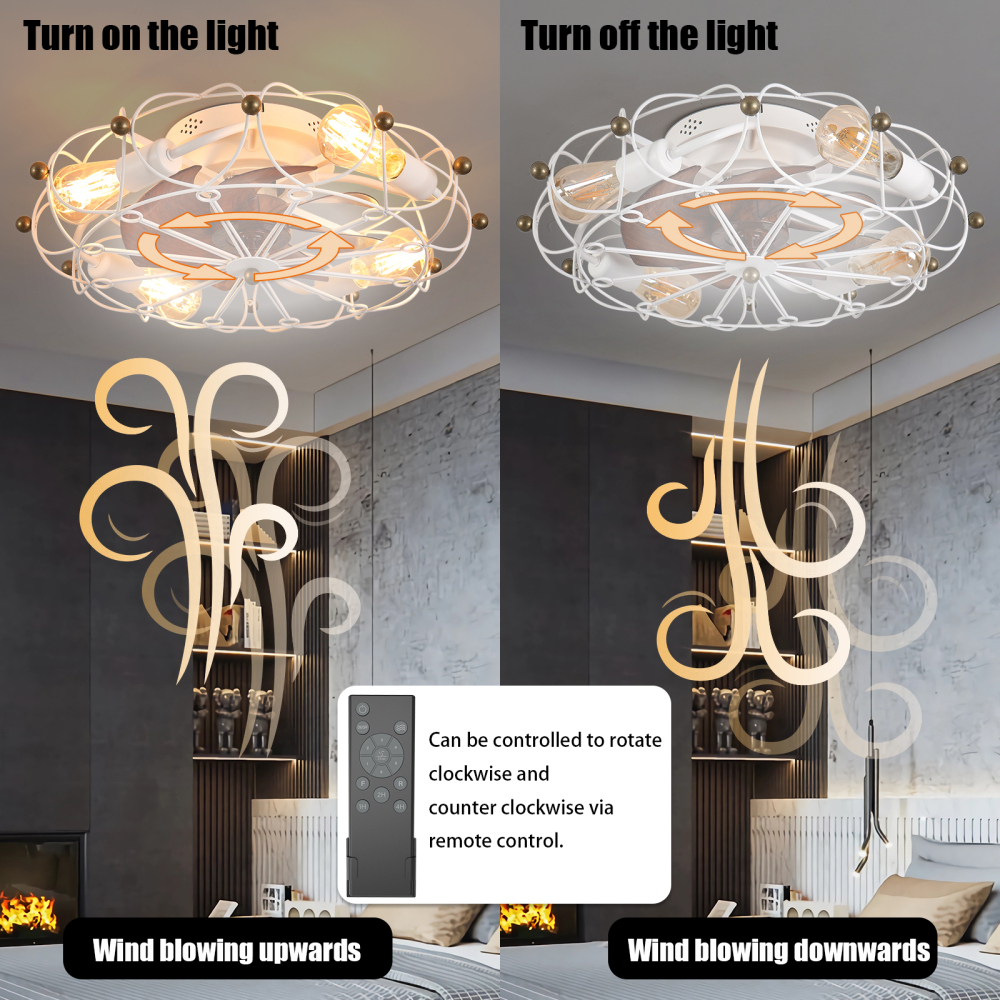 Anmytek Low Profile Caged Ceiling Fan with Lights and Remote Control Modern Industrial Flush Mount Ceiling Fan