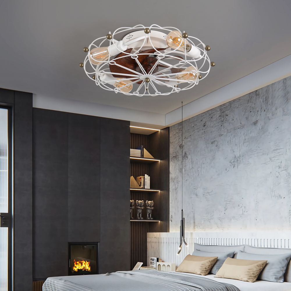 Anmytek Low Profile Caged Ceiling Fan with Lights and Remote Control Modern Industrial Flush Mount Ceiling Fan