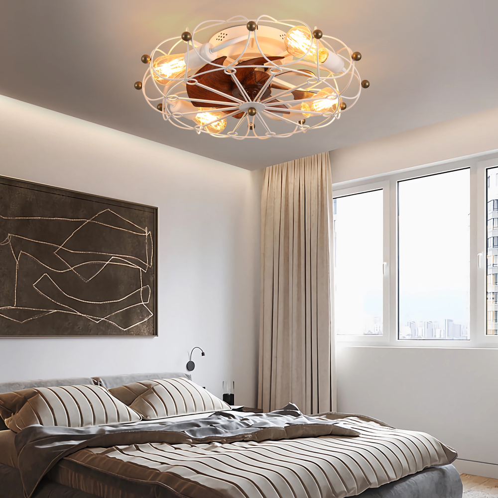 Anmytek Low Profile Caged Ceiling Fan with Lights and Remote Control Modern Industrial Flush Mount Ceiling Fan
