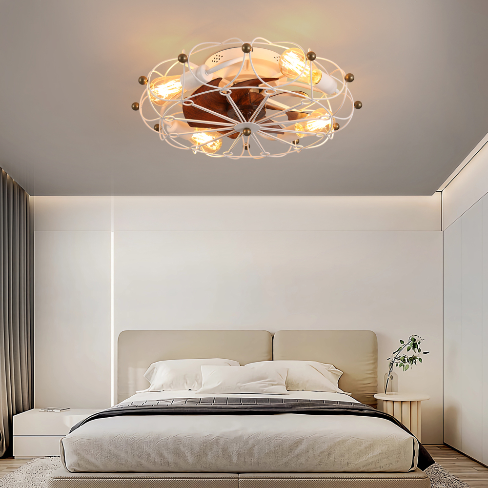 Anmytek Low Profile Caged Ceiling Fan with Lights and Remote Control Modern Industrial Flush Mount Ceiling Fan