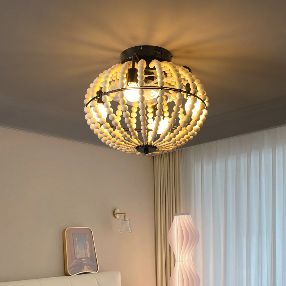Anmytek 18 Inch Bohemian Wood Beaded Flush Mount Ceiling Fan With Light Caged Rustic Farmhouse Low Profile DC Fan Light Fixture For Indoor Home Decor Silent 6 Speed Reversible No Bulbs