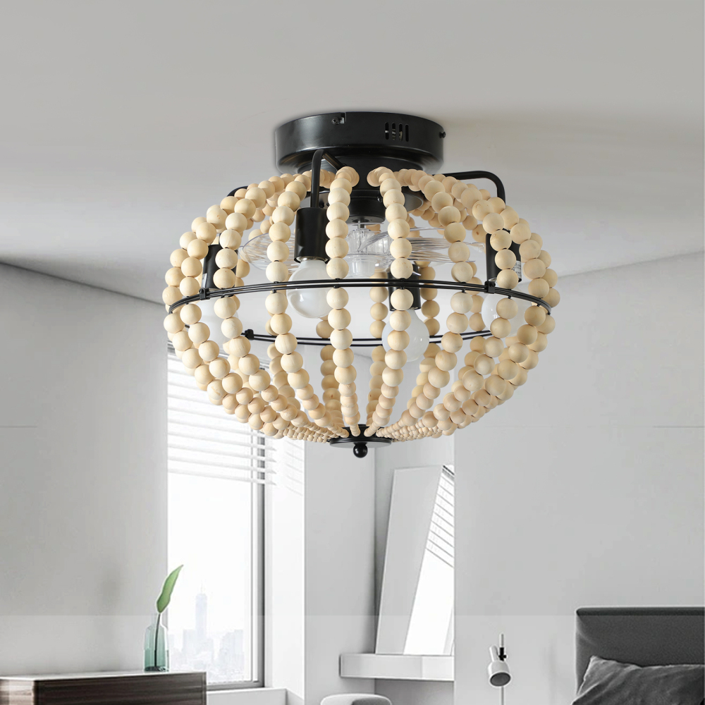 Anmytek 18 Inch Bohemian Wood Beaded Flush Mount Ceiling Fan With Light Caged Rustic Farmhouse Low Profile DC Fan Light Fixture For Indoor Home Decor Silent 6 Speed Reversible No Bulbs