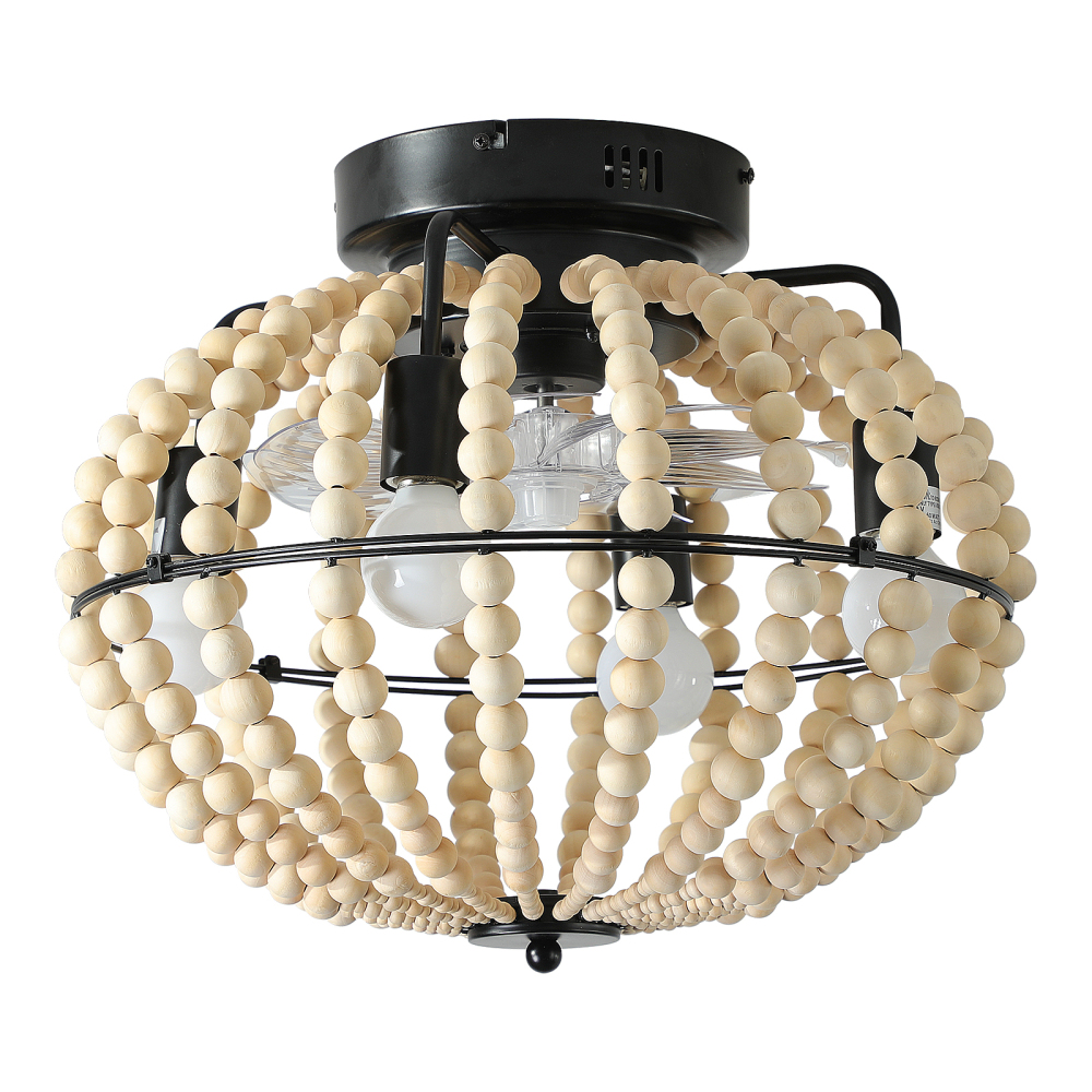 Anmytek 18 Inch Bohemian Wood Beaded Flush Mount Ceiling Fan With Light Caged Rustic Farmhouse Low Profile DC Fan Light Fixture For Indoor Home Decor Silent 6 Speed Reversible No Bulbs