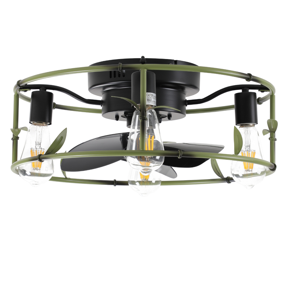 Anmytek 19 Inch Green Flush Mount Caged Ceiling Fan with Light Remote Control Rustic 3 Light Ceiling Fan Silent 6 Speed Reversible DC Motor for Bedroom Living Room