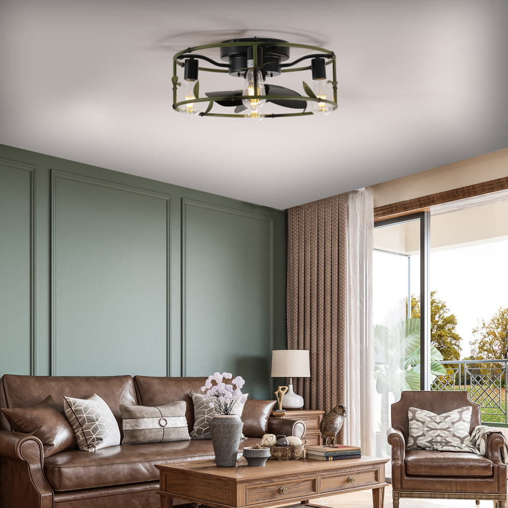Anmytek 19 Inch Green Flush Mount Caged Ceiling Fan with Light Remote Control Rustic 3 Light Ceiling Fan Silent 6 Speed Reversible DC Motor for Bedroom Living Room