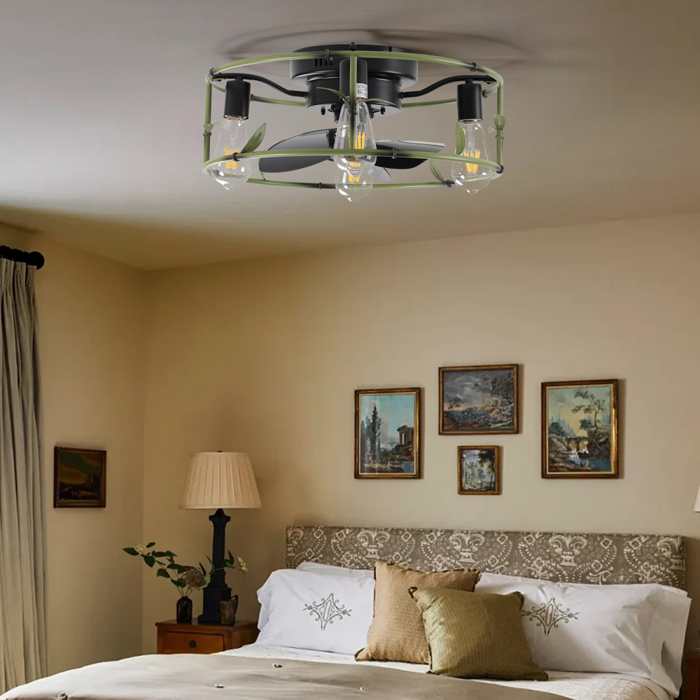 Anmytek 19 Inch Green Flush Mount Caged Ceiling Fan with Light Remote Control Rustic 3 Light Ceiling Fan Silent 6 Speed Reversible DC Motor for Bedroom Living Room