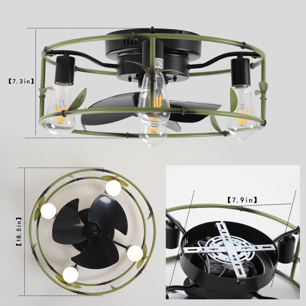 Anmytek 19 Inch Green Flush Mount Caged Ceiling Fan with Light Remote Control Rustic 3 Light Ceiling Fan Silent 6 Speed Reversible DC Motor for Bedroom Living Room