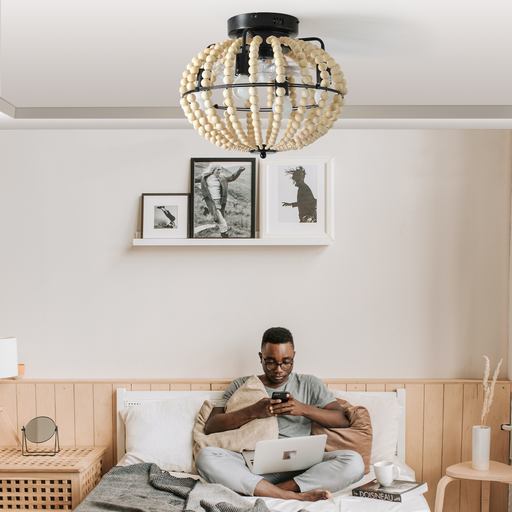 Anmytek 18 Inch Bohemian Wood Beaded Flush Mount Ceiling Fan With Light Caged Rustic Farmhouse Low Profile DC Fan Light Fixture For Indoor Home Decor Silent 6 Speed Reversible No Bulbs