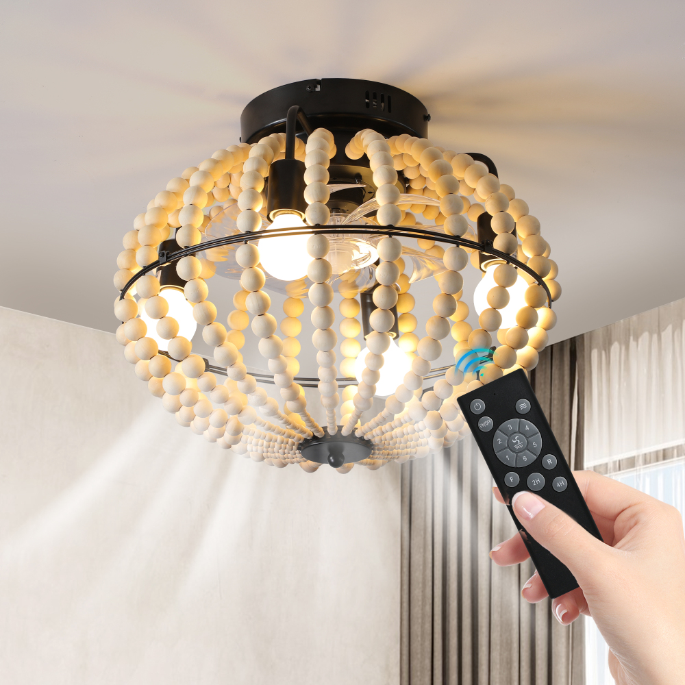 Anmytek 18 Inch Bohemian Wood Beaded Flush Mount Ceiling Fan With Light Caged Rustic Farmhouse Low Profile DC Fan Light Fixture For Indoor Home Decor Silent 6 Speed Reversible No Bulbs