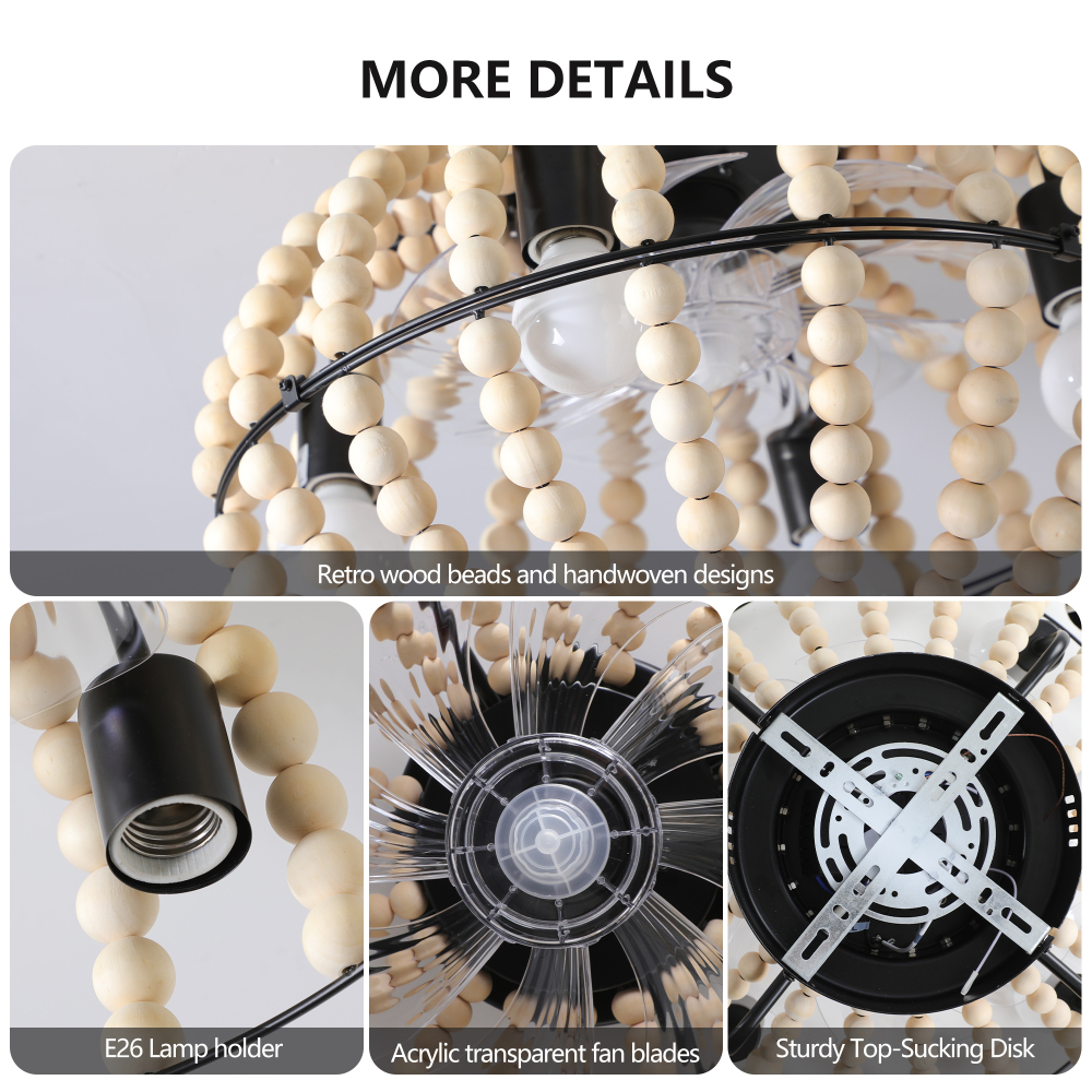 Anmytek 18 Inch Bohemian Wood Beaded Flush Mount Ceiling Fan With Light Caged Rustic Farmhouse Low Profile DC Fan Light Fixture For Indoor Home Decor Silent 6 Speed Reversible No Bulbs