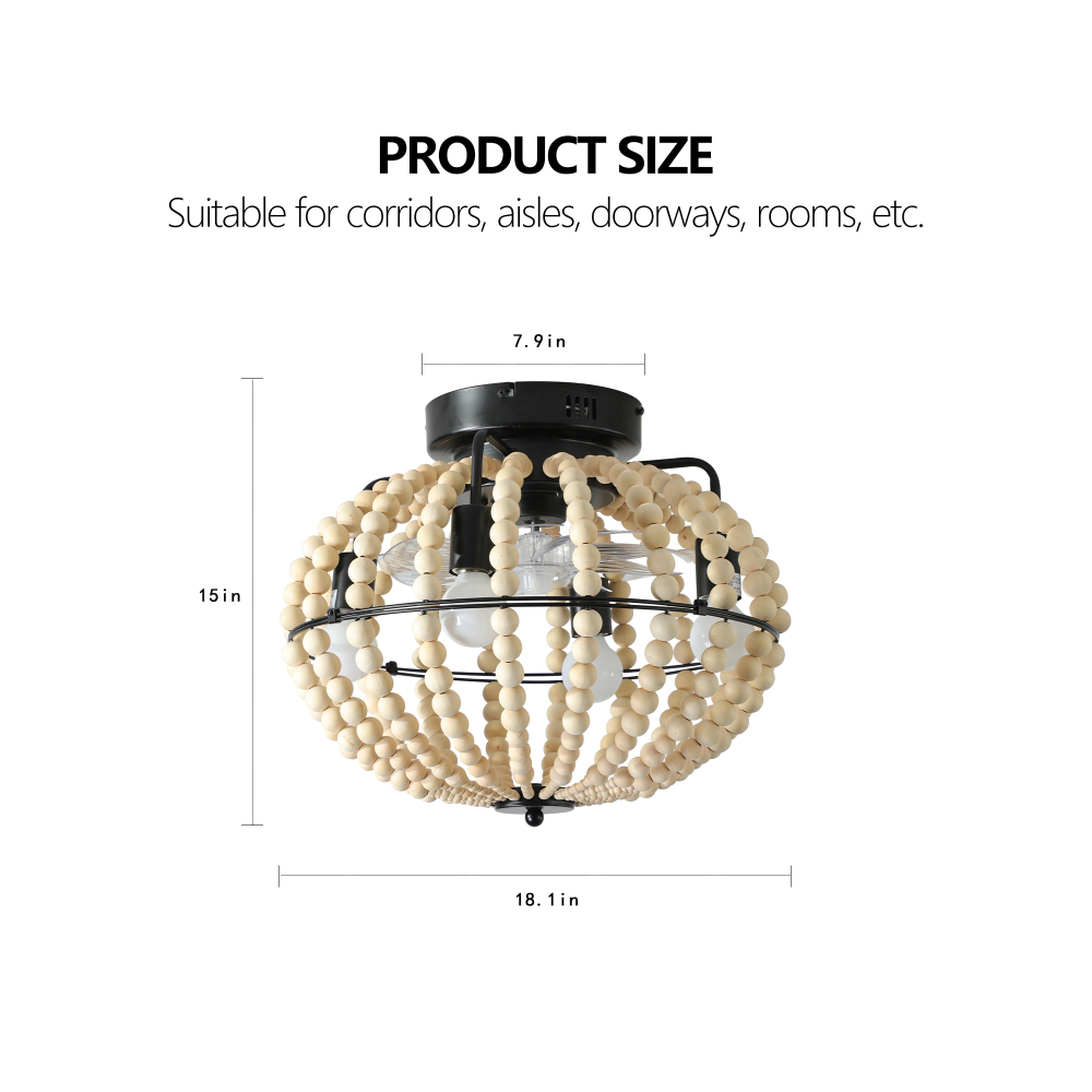 Anmytek 18 Inch Bohemian Wood Beaded Flush Mount Ceiling Fan With Light Caged Rustic Farmhouse Low Profile DC Fan Light Fixture For Indoor Home Decor Silent 6 Speed Reversible No Bulbs