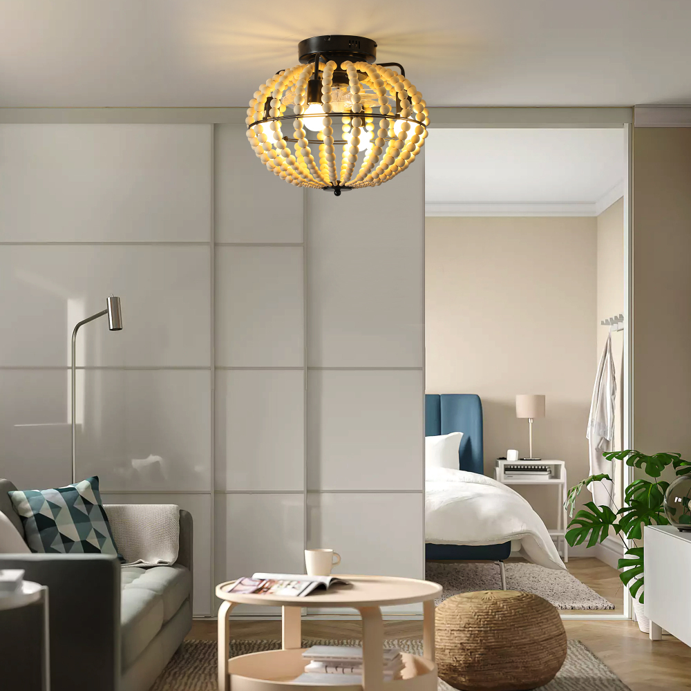 Anmytek 18 Inch Bohemian Wood Beaded Flush Mount Ceiling Fan With Light Caged Rustic Farmhouse Low Profile DC Fan Light Fixture For Indoor Home Decor Silent 6 Speed Reversible No Bulbs