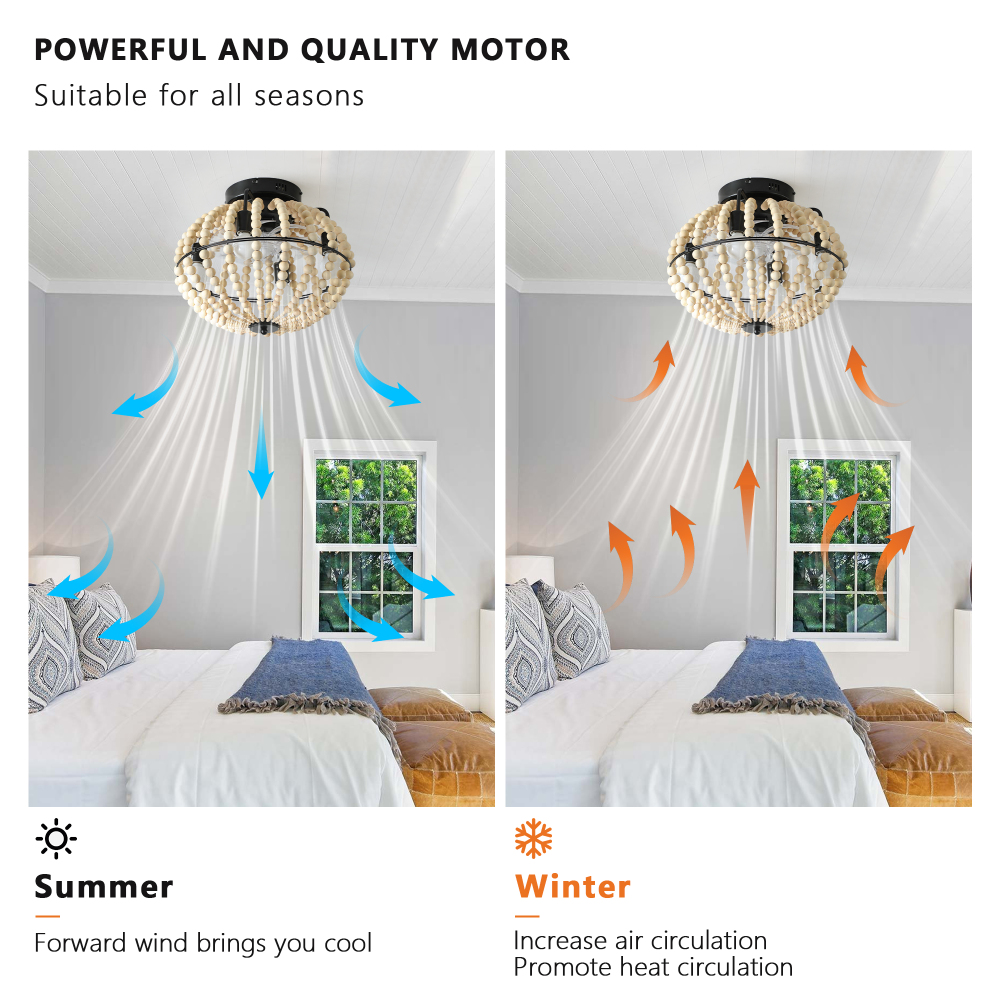 Anmytek 18 Inch Bohemian Wood Beaded Flush Mount Ceiling Fan With Light Caged Rustic Farmhouse Low Profile DC Fan Light Fixture For Indoor Home Decor Silent 6 Speed Reversible No Bulbs