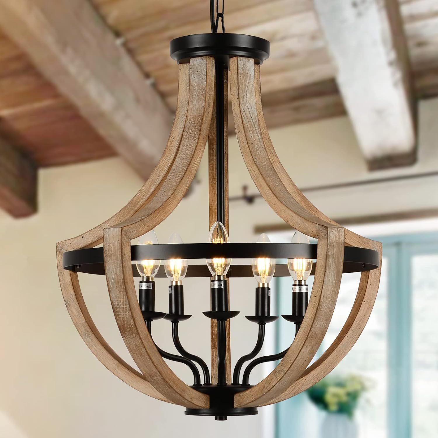 Anmytek 19 Inch Farmhouse Chandelier 5 Light Solid Wood Modern Pendant Light Height Adjustable For Dining Room Living Room Kitchen Island Bedroom Foyer