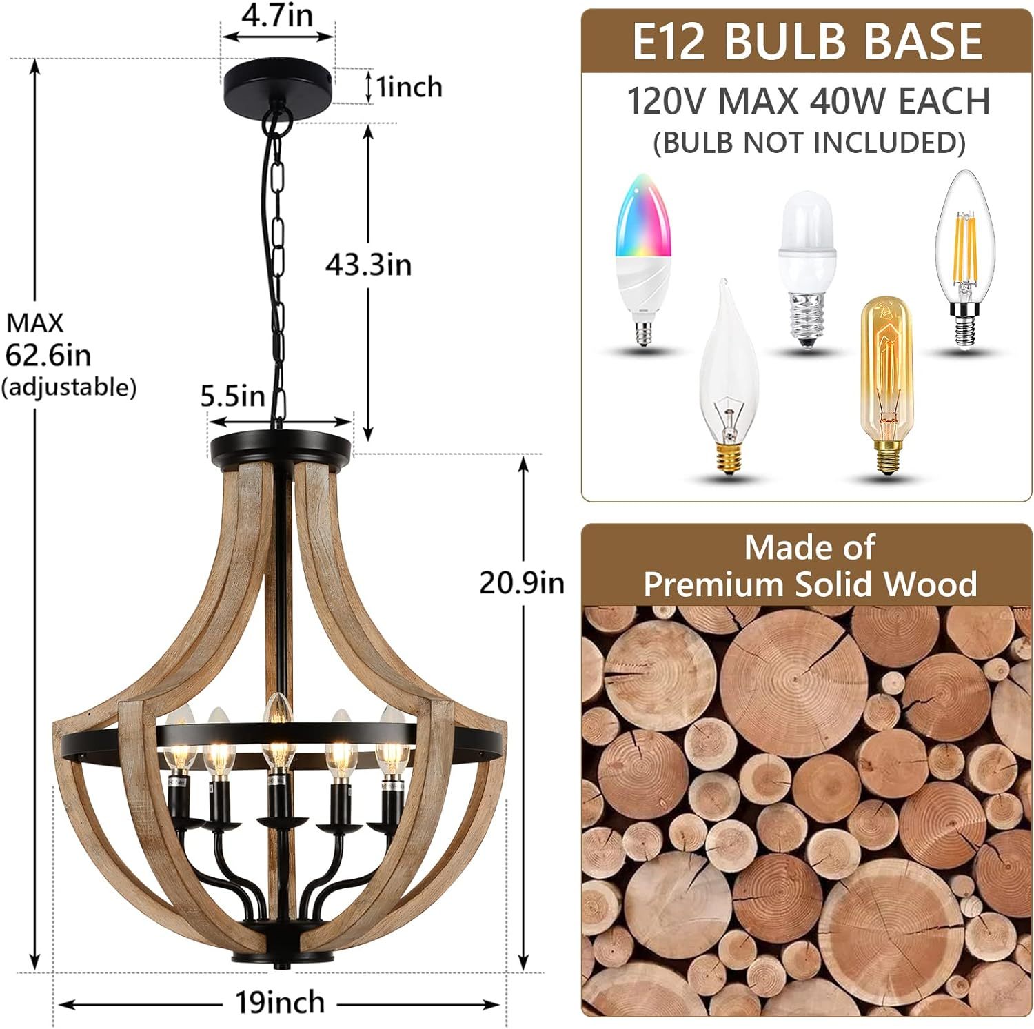 Anmytek 19 Inch Farmhouse Chandelier 5 Light Solid Wood Modern Pendant Light Height Adjustable For Dining Room Living Room Kitchen Island Bedroom Foyer