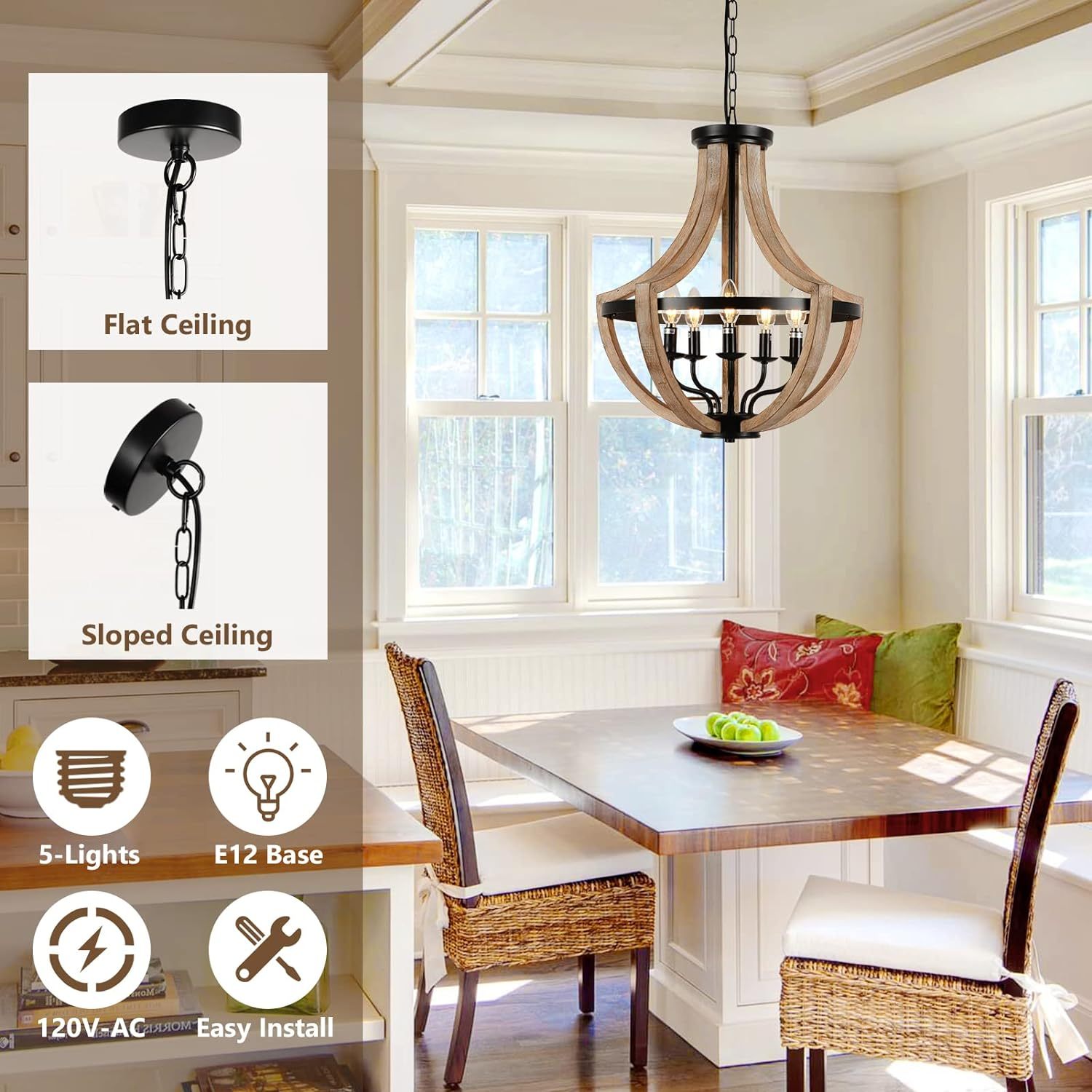 Anmytek 19 Inch Farmhouse Chandelier 5 Light Solid Wood Modern Pendant Light Height Adjustable For Dining Room Living Room Kitchen Island Bedroom Foyer