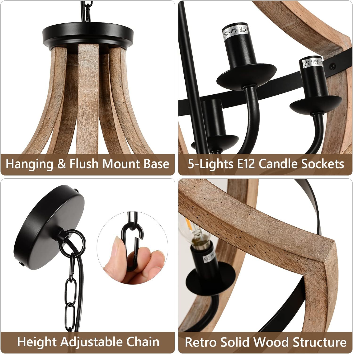 Anmytek 19 Inch Farmhouse Chandelier 5 Light Solid Wood Modern Pendant Light Height Adjustable For Dining Room Living Room Kitchen Island Bedroom Foyer