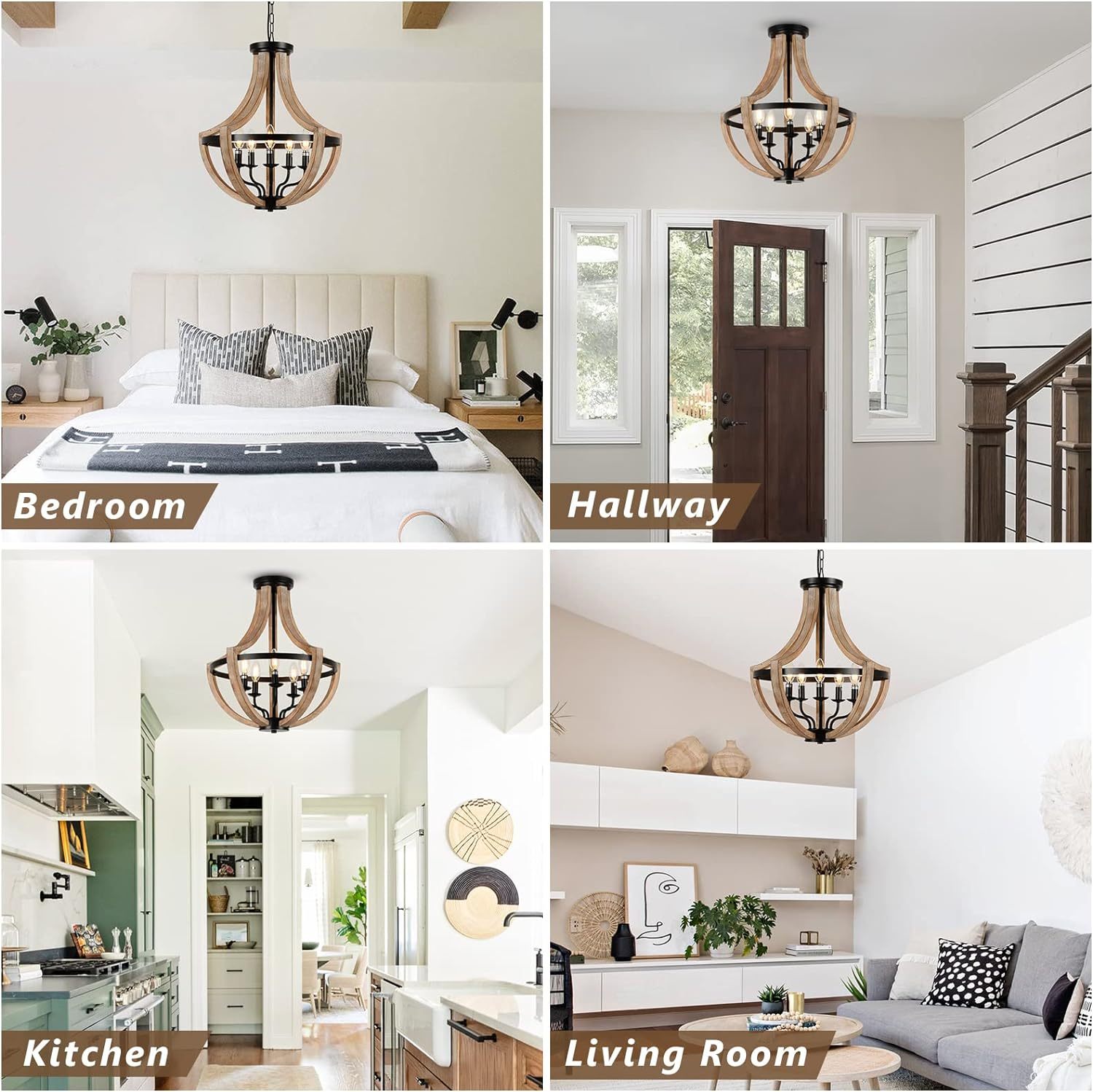 Anmytek 19 Inch Farmhouse Chandelier 5 Light Solid Wood Modern Pendant Light Height Adjustable For Dining Room Living Room Kitchen Island Bedroom Foyer