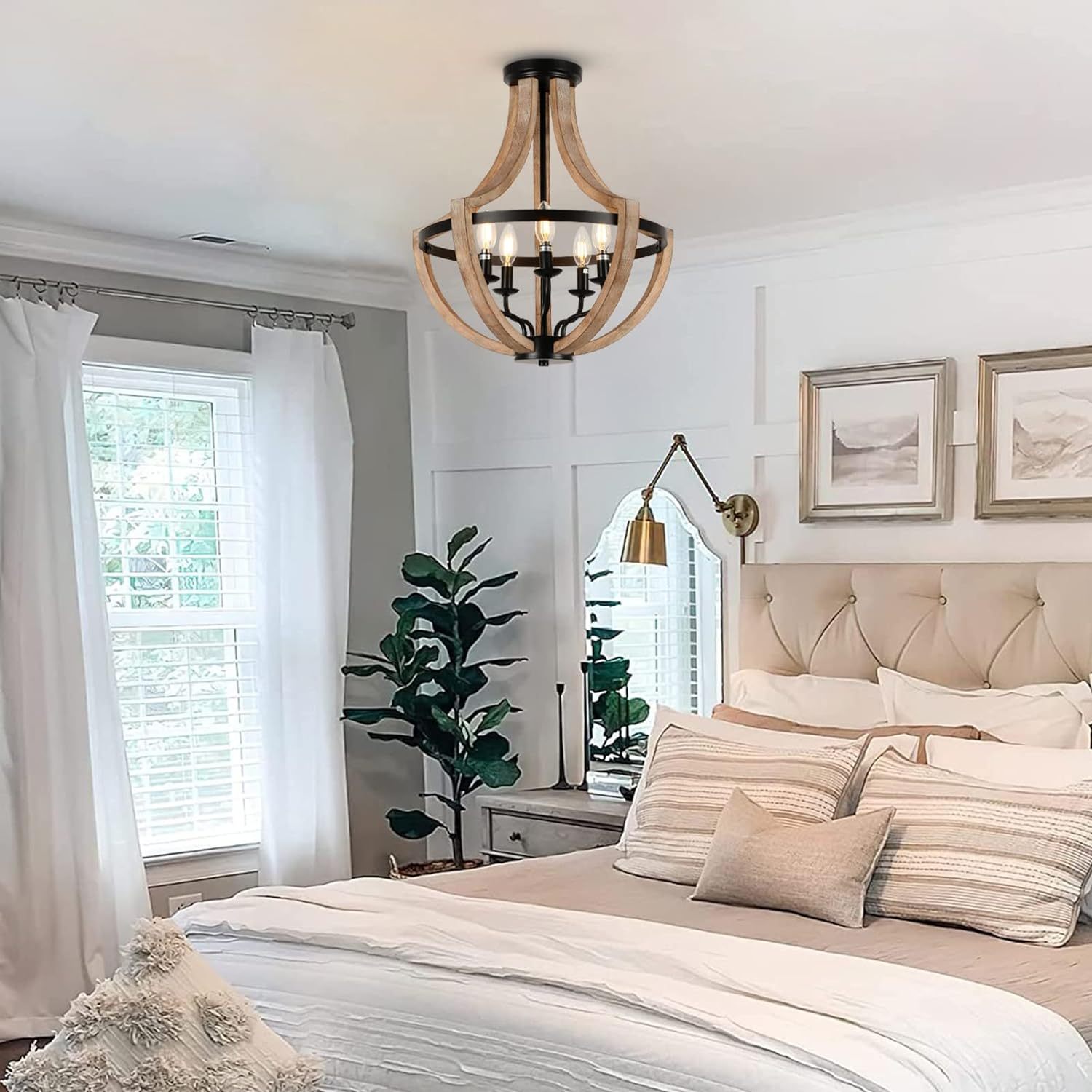 Anmytek 19 Inch Farmhouse Chandelier 5 Light Solid Wood Modern Pendant Light Height Adjustable For Dining Room Living Room Kitchen Island Bedroom Foyer