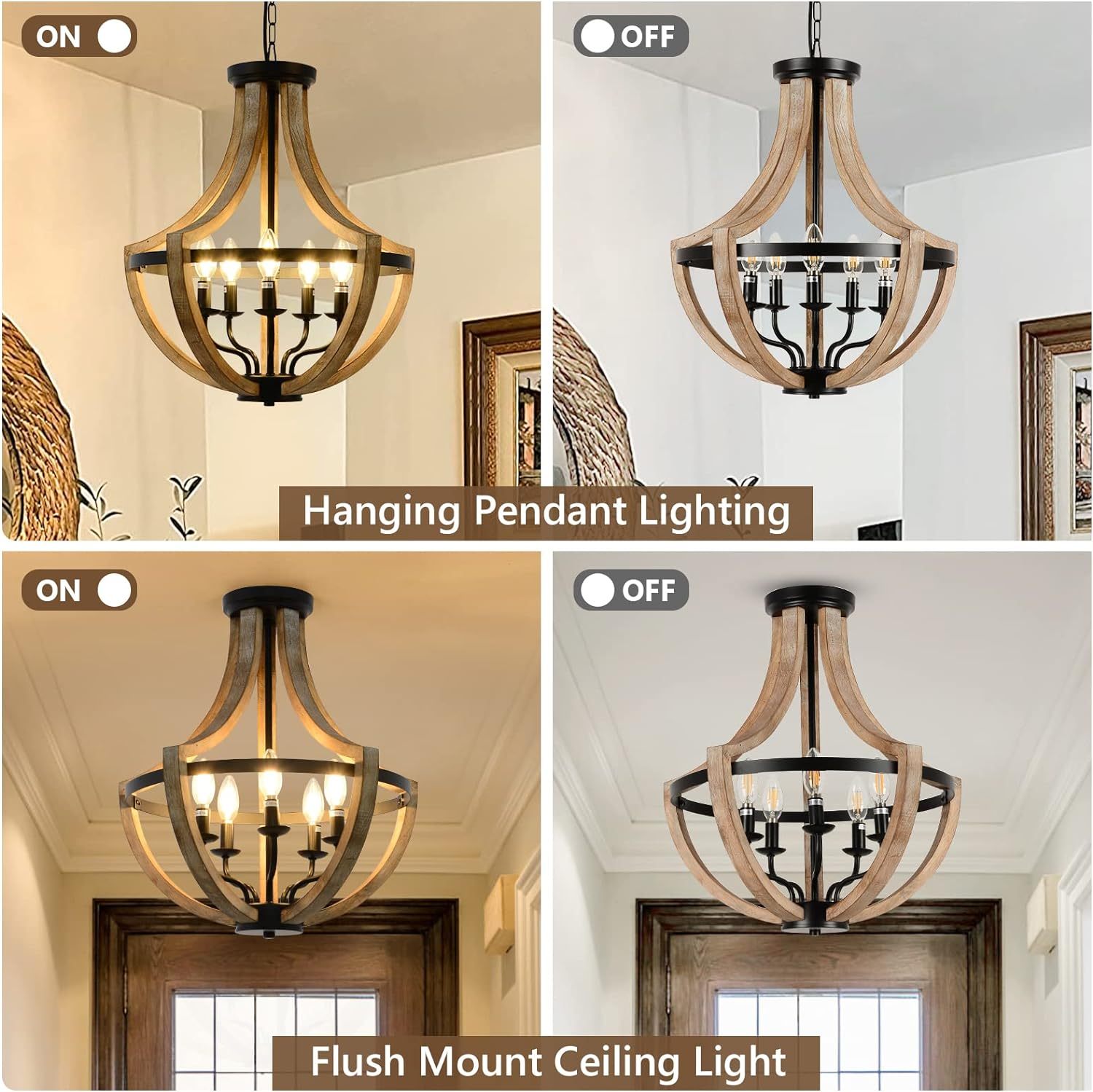 Anmytek 19 Inch Farmhouse Chandelier 5 Light Solid Wood Modern Pendant Light Height Adjustable For Dining Room Living Room Kitchen Island Bedroom Foyer
