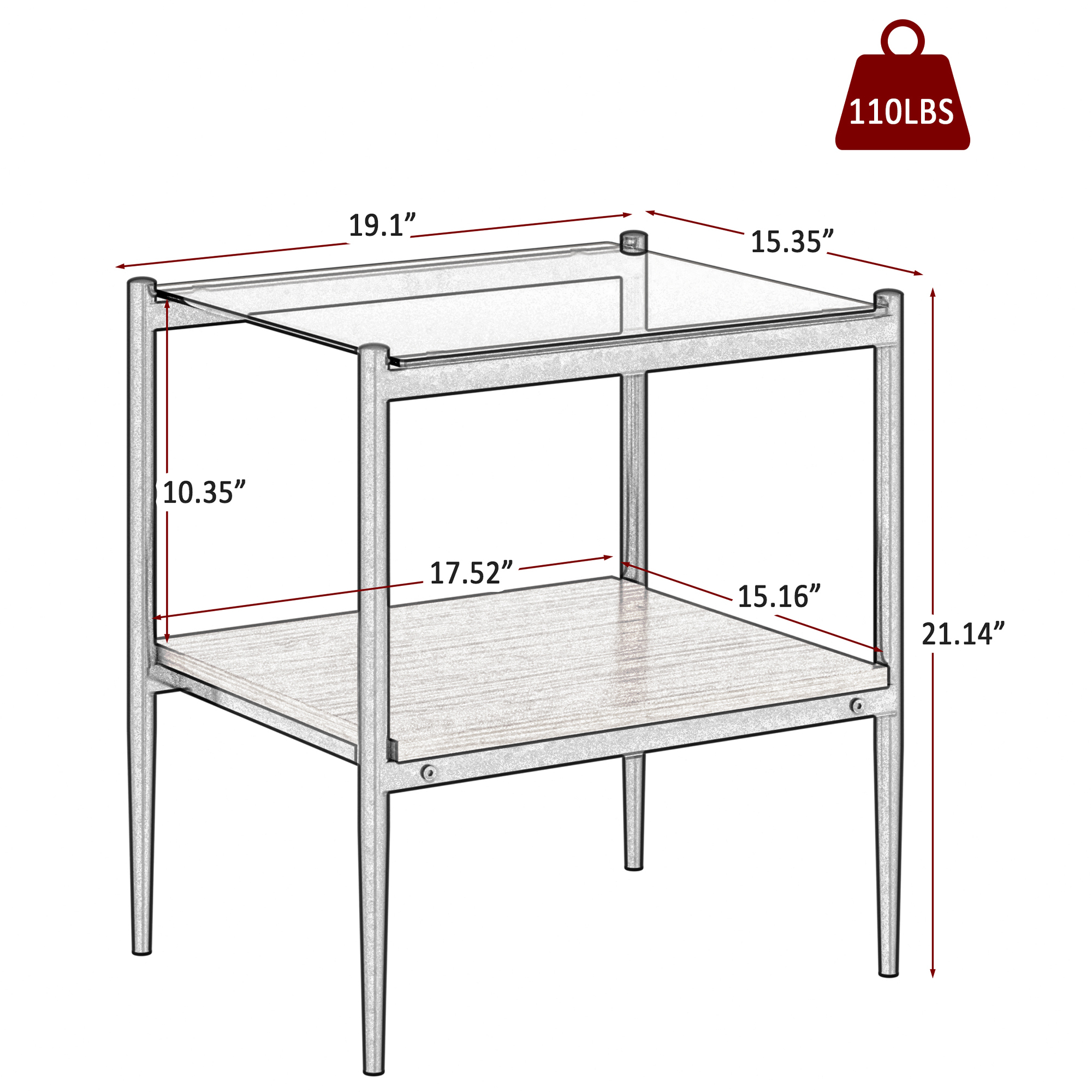 Anmytek Set of 2 Modern Rectangle End Tables Tempered Brown Glass Tabletop with MDF Layer for Living Room