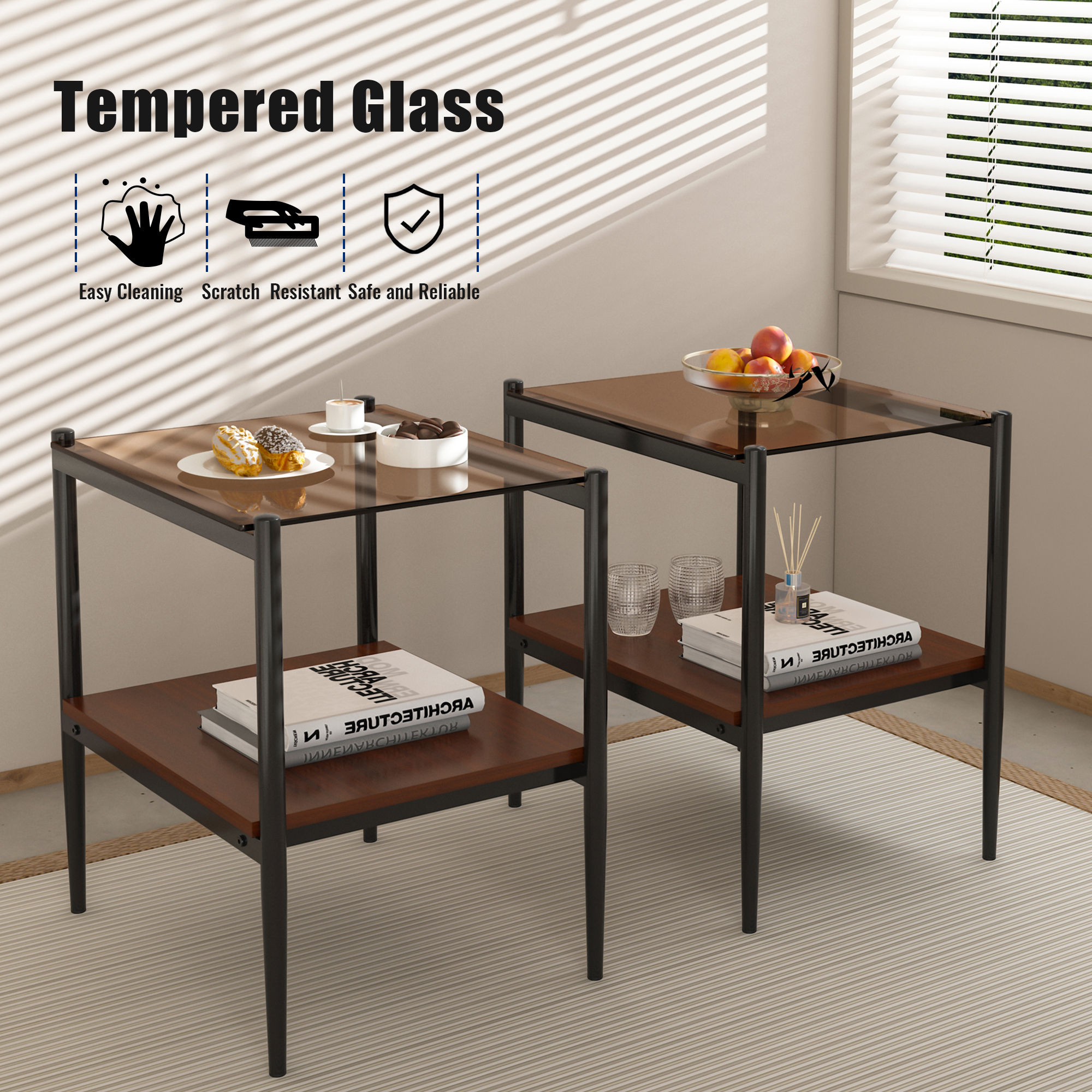 Anmytek Set of 2 Modern Rectangle End Tables Tempered Brown Glass Tabletop with MDF Layer for Living Room